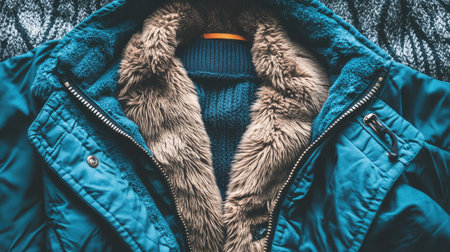 Close-up view of a cozy winter jacket featuring a soft fur lining, layered over a knitted sweater, resting on a warm blanket for a perfect winter vibe.の素材