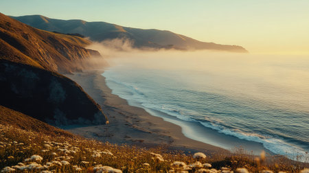 Experience a breathtaking coastal landscape at sunrise, where gentle waves meet a misty beach framed by majestic mountains, showcasing nature's beauty.の素材