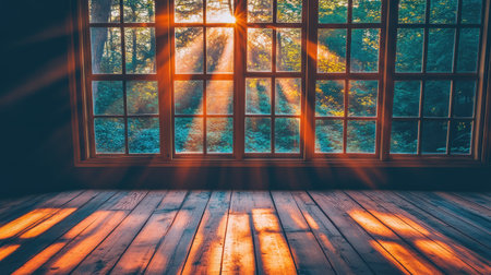 A beautiful scene showcasing sunlight streaming through a large window, casting warm rays on a wooden floor, creating an inviting and tranquil atmosphere.の素材