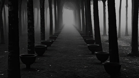 This black and white image captures a serene pathway lined with tall trees and flower pots, enveloped in mist. The contrast creates a mysterious and tranquil atmosphere inviting exploration.の素材