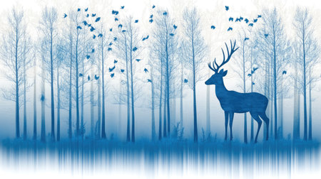 A captivating blue-toned illustration featuring a majestic deer silhouette set against a serene forest backdrop, ideal for nature themes.の素材