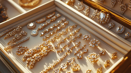 This stunning image showcases an exquisite selection of gold jewelry in a beautifully arranged box, highlighting the intricate designs and dazzling gems.の素材