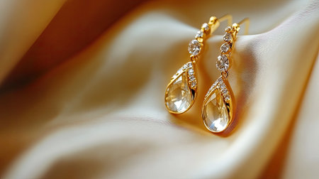 This exquisite image features elegant gold earrings adorned with crystals, displayed beautifully against a soft satin fabric background, perfect for jewelry showcases.の素材