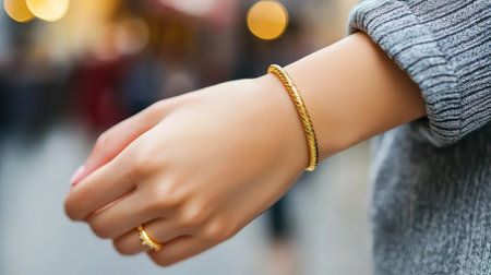 This stunning close-up captures a golden bracelet adorning a woman's wrist, set against an urban backdrop with soft bokeh effects. The image radiates elegance and style.の素材