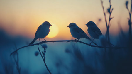 A captivating scene featuring three birds silhouetted against a vibrant sunrise. This tranquil setting showcases the beauty of nature and evokes peace and serenity.の素材