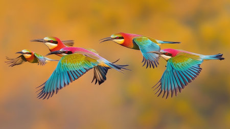 A vivid display of colorful birds in flight showcases their brilliant plumage against a soft orange background, highlighting the beauty of wildlife and nature.の素材