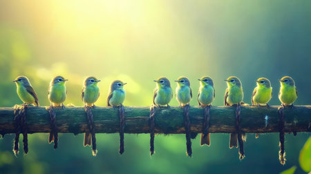 A serene scene capturing ten small green birds perched on a wooden branch, illuminated by soft morning light. This image embodies the beauty of nature and wildlife.の素材