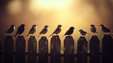 A serene scene featuring a group of birds perched on a rustic wooden fence during a golden sunrise. The warm light creates a tranquil atmosphere in nature.の素材