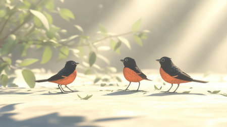 Three vibrant birds with orange and black feathers stand together on a soft surface, surrounded by gentle sunlight and lush green leaves, creating a serene atmosphere.の素材