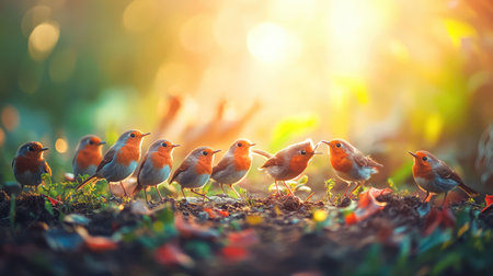 A charming scene depicting small brown birds socializing in a sunlit forest clearing, enhancing the beauty of nature with colorful autumn foliage.の素材