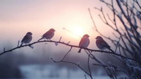 Four birds perched on a frosty branch create a serene winter scene at sunset, where soft pastel colors blend beautifully in the sky.の素材