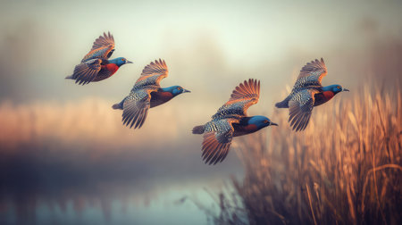 A mesmerizing scene of birds in flight showcasing their vibrant colors against a tranquil marshland backdrop at dusk, evoking a sense of peace and beauty in nature.の素材