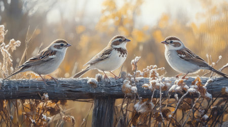 Three small birds with intricate feathers are perched on a frosty wooden fence, enjoying a tranquil moment in a colorful autumn landscape.の素材
