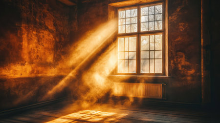 A captivating view of dust particles illuminated by sunlight streaming through a window in an abandoned room, showcasing rustic walls and wooden flooring.の素材