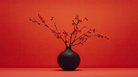 A stylish black vase holds delicate orange blossom branches, set against a vivid red background, creating a stunning minimalist decor piece.の素材