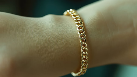 This image features a stunning golden bracelet resting on a woman's wrist, showcasing its intricate design and luxurious appeal in soft lighting.の素材