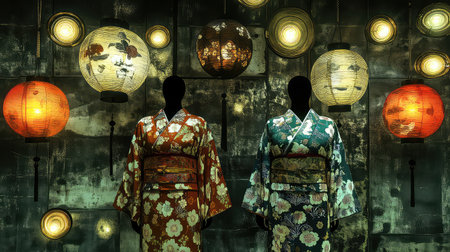 Vibrant display of traditional kimonos adorned with floral patterns, illuminated by colorful Japanese lanterns, showcasing cultural heritage and artistry.の素材