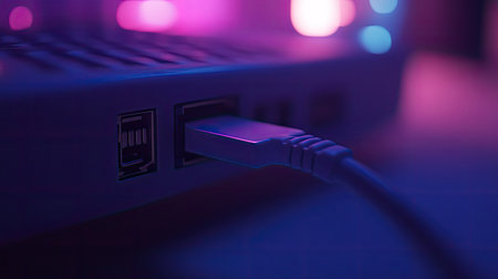 This close-up image captures a USB cable securely connected to a laptop port, illuminated by colorful LED lights, creating a modern tech ambiance.の素材