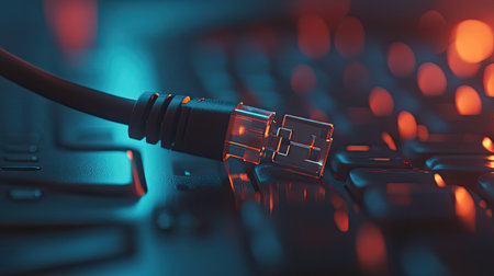 A close-up view showcasing an Ethernet cable connected to a computer keyboard. The glowing lights in the background enhance the modern technology theme, capturing the essence of digital connectivity.の素材