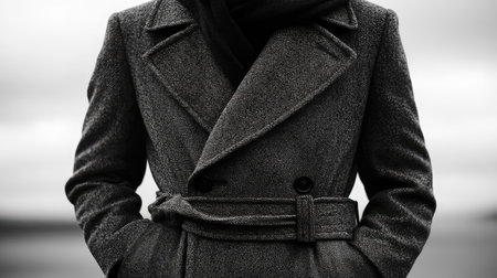 A confident man stands outdoors in a stylish grey coat, embodying elegance in a minimalistic monochrome scene, showcasing modern fashion details.の素材