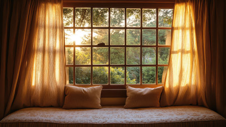 This image captures a cozy window nook with soft cushions bathed in warm sunlight. The sheer curtains frame a peaceful view of lush greenery, creating a serene atmosphere.の素材