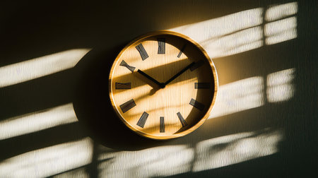 This stunning image features a wooden wall clock illuminated by soft sunlight, creating beautiful shadow patterns on a textured wall, evoking a tranquil atmosphere.の素材