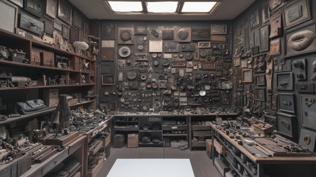 A captivating vintage workshop showcases an array of antique tools and artifacts, creatively arranged on walls and work surfaces, offering a unique glimpse into craftsmanship.の素材