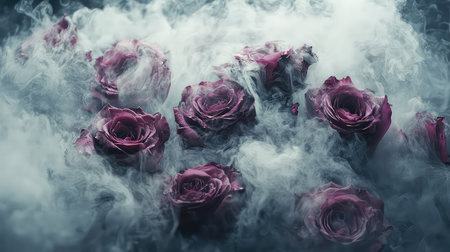 This captivating image features elegant purple roses enveloped in soft, swirling smoke, creating a dreamy atmosphere perfect for romantic visuals or artistic projects.の素材