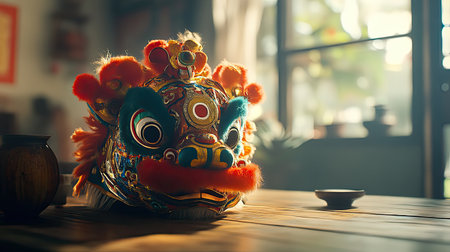 This image showcases a vibrant and detailed traditional lion dance mask placed on a wooden table, illuminated by soft natural light in a serene indoor setting.の素材
