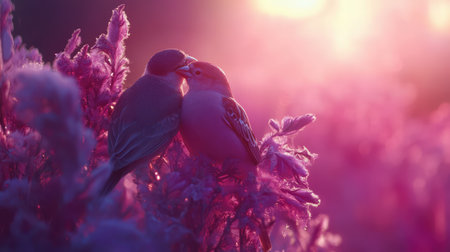 This enchanting image captures two colorful birds sharing a tender moment amidst vibrant purple flowers during a stunning sunset. The soft light highlights their beauty and the peaceful setting creates a serene atmosphere, perfect for showcasing nature's harmony and romance.の素材