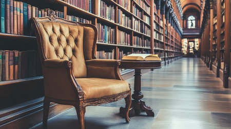 A cozy reading corner featuring an elegant armchair and a small table, nestled among tall shelves filled with antiquarian books in a grand library.の素材