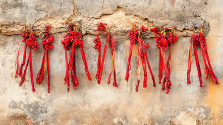 This image shows bundles of bright red herb stems hanging against a rustic, textured wall. The vivid color contrasts beautifully with the weathered background, creating a striking visual appeal perfect for home decor, agricultural themes, or natural artistry.の素材