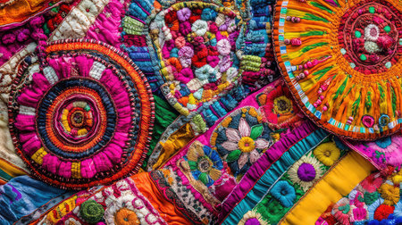 This captivating image showcases vibrant handcrafted textiles featuring intricate embroidery and colorful patterns, embodying traditional artistry and cultural heritage.の素材