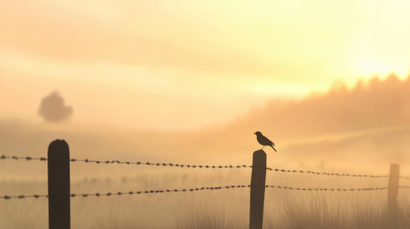 A tranquil morning scene featuring a silhouetted bird perched on a barbed wire fence against a glowing sunrise. The soft fog enhances the serene ambiance.の素材