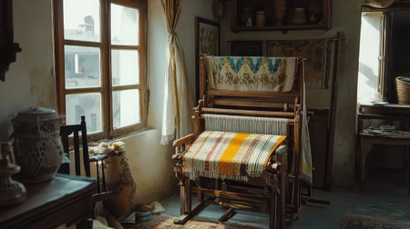 This image showcases a traditional weaving loom beautifully illuminated by natural light, highlighting handcrafted textiles and the warm, rustic atmosphere of the workshop.の素材