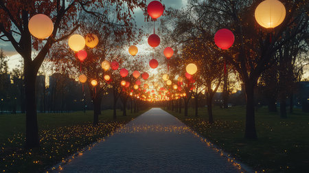 A stunning twilight scene showcasing a beautifully lit pathway framed with colorful paper lanterns. The serene atmosphere invites exploration and reflection.の素材