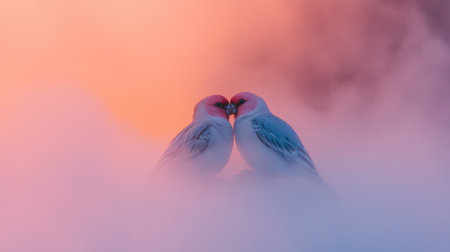 This enchanting image captures a romantic interaction between two birds surrounded by mist and illuminated by a warm sunset, symbolizing love and connection.の素材
