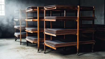 This image captures wooden carts with black mats in a dimly lit warehouse, creating an industrial atmosphere with soft fog and shadows.の素材