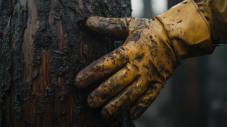 A close-up view of a dirty yellow glove resting against the charred bark of a tree in a burned forest, illustrating the intense aftermath of a wildfire.の素材
