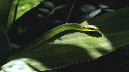 A striking image of a green snake elegantly resting on a leaf under dappled sunlight, highlighting its vibrant colors and natural habitat amidst lush foliage.の素材