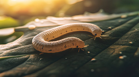 This close-up image showcases two light-colored caterpillars moving gracefully on a lush green leaf, illuminated by warm natural light, emphasizing their delicate form and environment.の素材