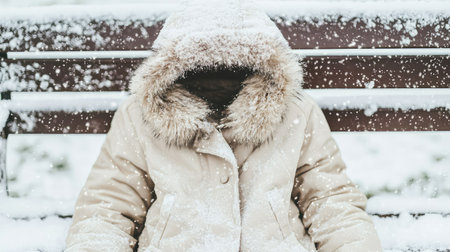 A serene scene featuring a warm winter coat with a cozy fur hood sitting on a bench, surrounded by gently falling snowflakes in a tranquil outdoor setting.の素材