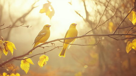 Two bright yellow birds sit peacefully on a branch, surrounded by golden autumn leaves, beautifully illuminated by soft morning light, creating a serene atmosphere.の素材