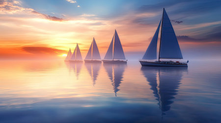 A stunning seascape of five elegant sailboats peacefully sailing on calm waters at sunset. The vibrant colors of the sky reflect beautifully on the water's surface, creating a serene atmosphere perfect for relaxation and adventure.の素材