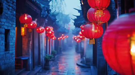 A tranquil evening scene captures an ancient Chinese alley adorned with glowing red lanterns, creating a magical atmosphere in the mist and soft light.の素材