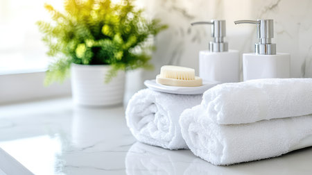 Soft white towels and stylish dispensers sit elegantly in a clean bathroom setting alongside a lush green plant, promoting relaxation and self-care.の素材