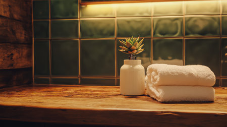 This image showcases a tranquil bathroom scene featuring white towels stacked on a wooden countertop beside a small succulent plant, enhancing relaxation.の素材