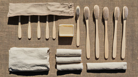 A beautifully styled flat lay of natural bathroom accessories featuring bamboo toothbrushes, soft cloths, and a soap dish, showcasing an eco-friendly lifestyle.の素材