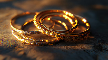 A stunning close-up of elegant gold rings arranged on a rustic surface, beautifully illuminated by natural light, showcasing their exquisite designs and textures.の素材