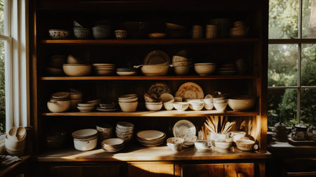 A rustic wooden shelf showcases an assortment of ceramic and porcelain dishes bathed in warm sunlight, creating a cozy and inviting kitchen atmosphere.の素材